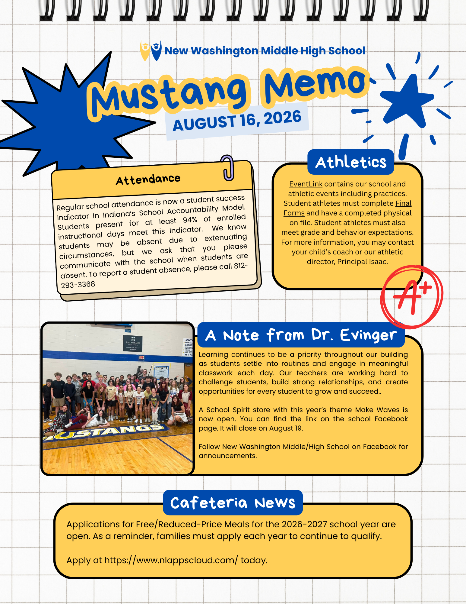 School bulletin titled Mustang Memo with blue/yellow graphics, announcing Attendance and Athletics, plus a group photo at bottom.