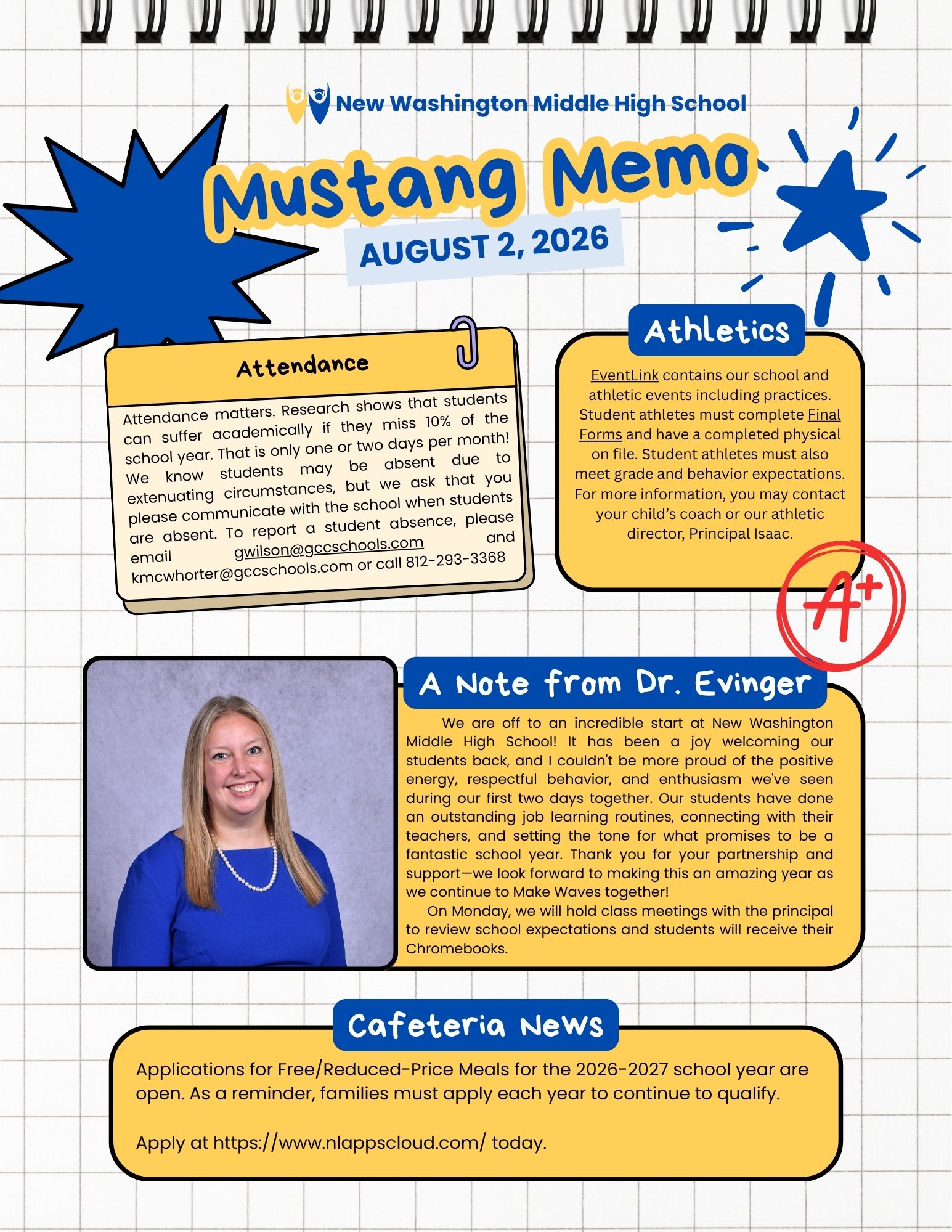 School newsletter cover for New Washington Middle High School titled Mustang Memo, with sections on Attendance, Athletics, a note from the principal, and Cafeteria News.