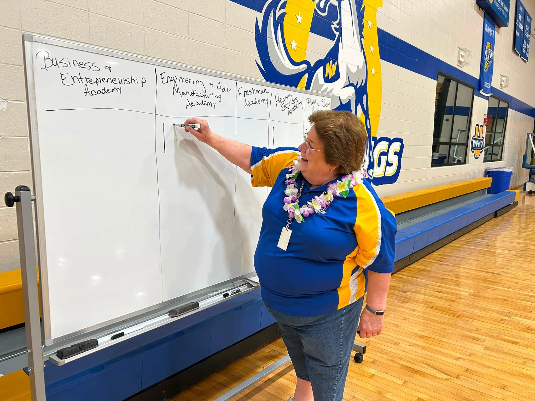 Woman in a blue and yellow shirt writing on a large whiteboard in a gym, outlining academy programs in a grid layout.
