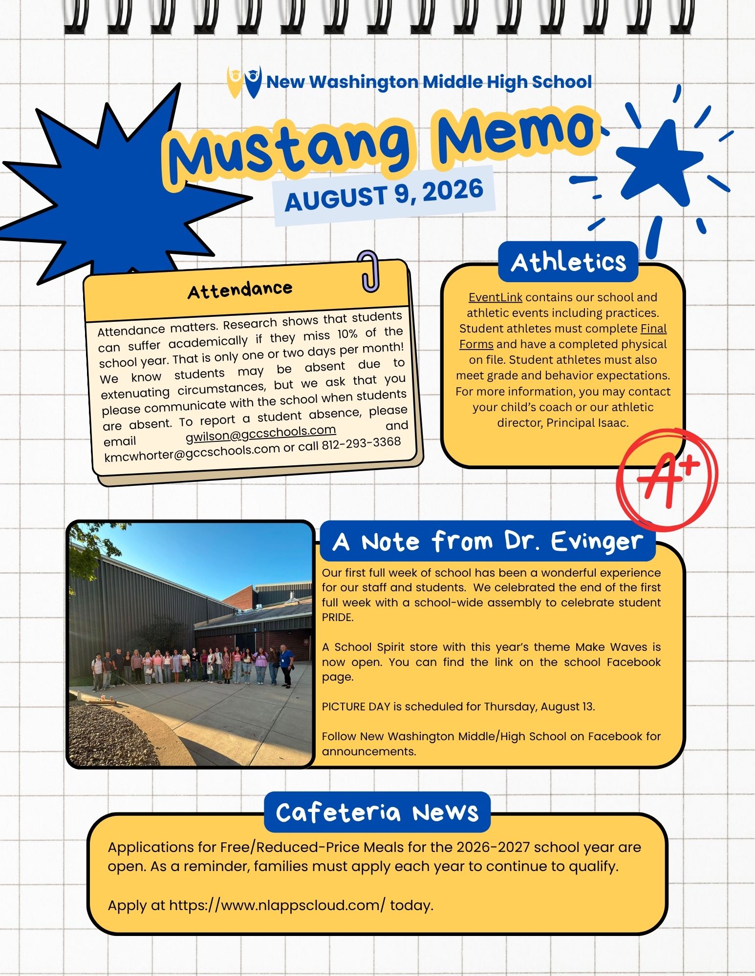 School bulletin titled Mustang Memo from New Washington Middle/High School, dated August 9, 2026, with sections on Attendance and Athletics and a note from the principal.