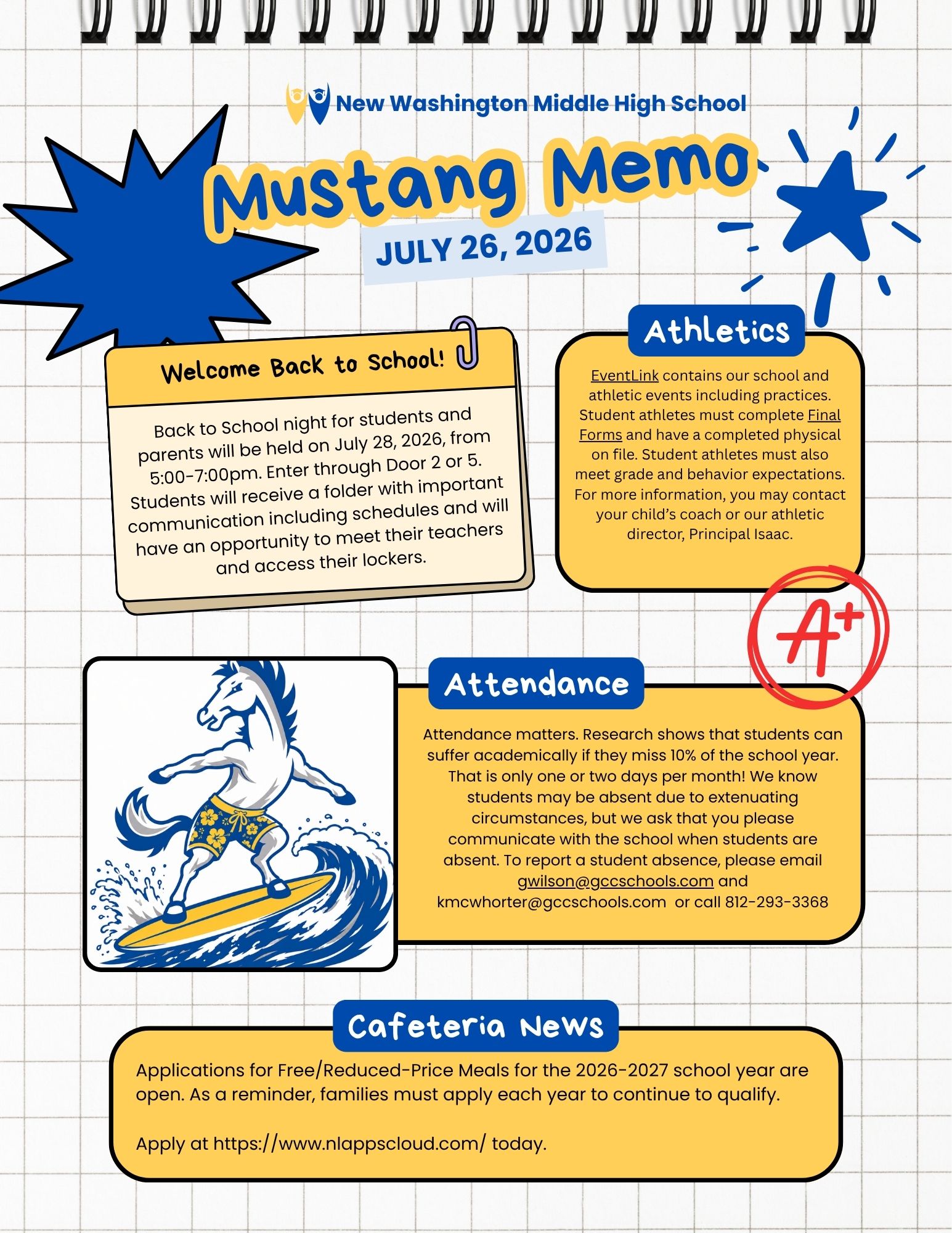 Back-to-school flyer for New Washington Middle/High School titled 'Mustang Memo' with date July 26, 2026, featuring a blue star burst, mascot image, and info cards for Welcome Back, Athletics, and Attendance.